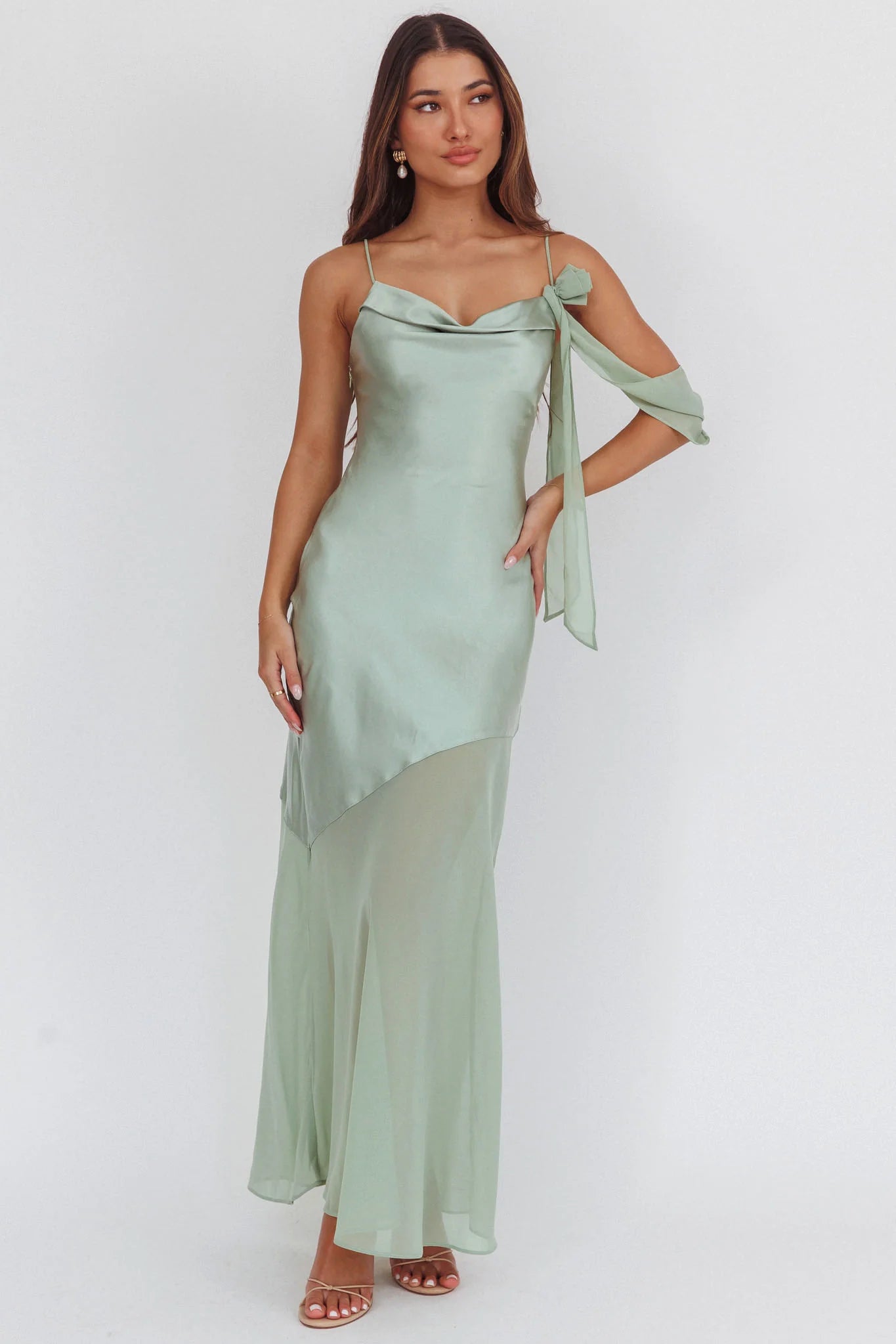 Gilded Dream Shoulder Detail Chiffon Hem Maxi Dress Sage