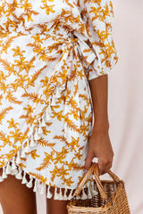 Cayman Tassel Trim Wrap Dress White/Yellow