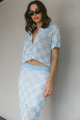 Byron Bay Crochet Buttoned Top Blue