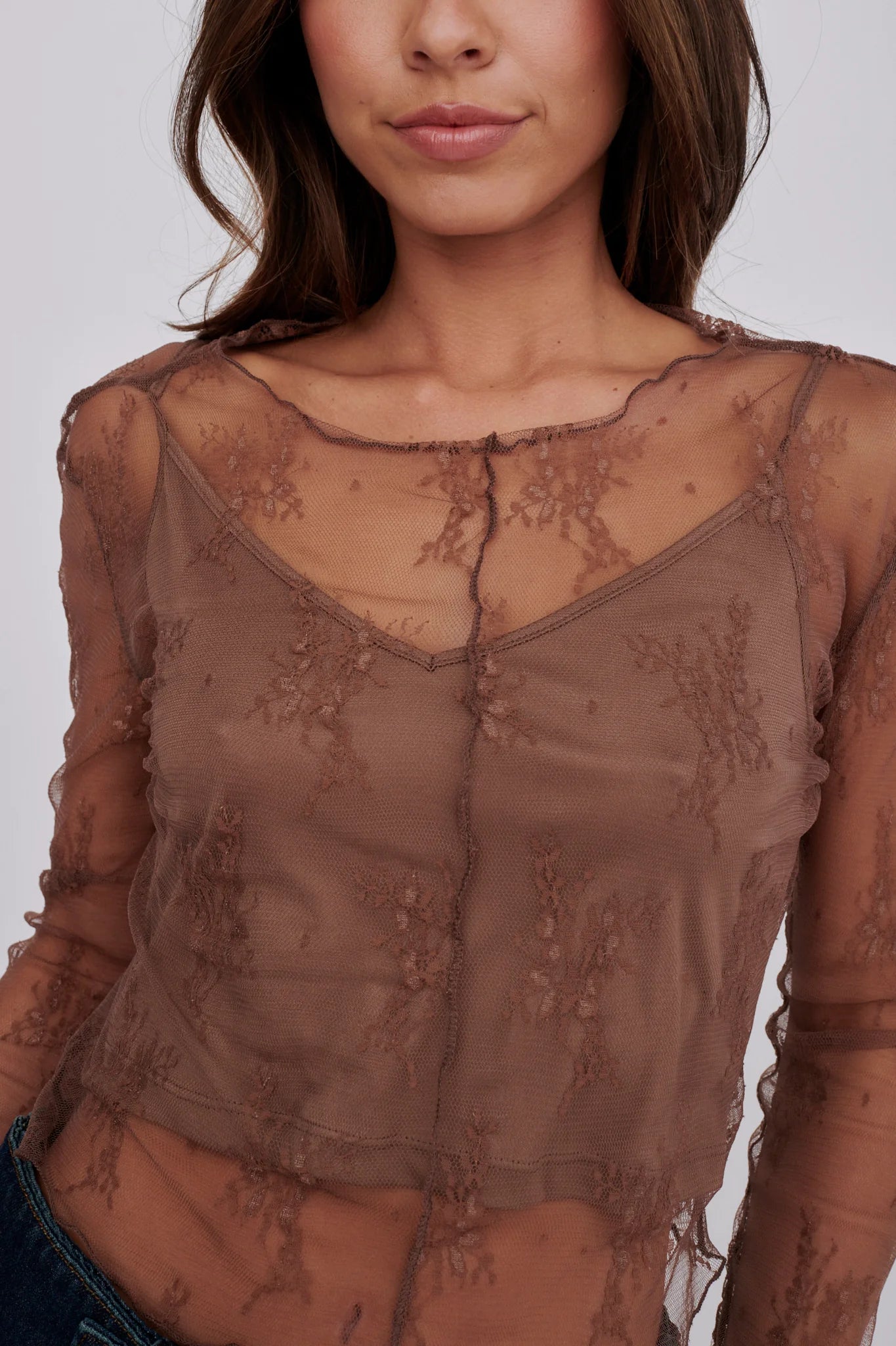 Genovia Long Sleeve Lace Top Brown