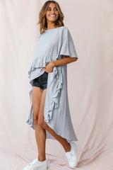 Kara High-Low Ruffle Trim Top Grey
