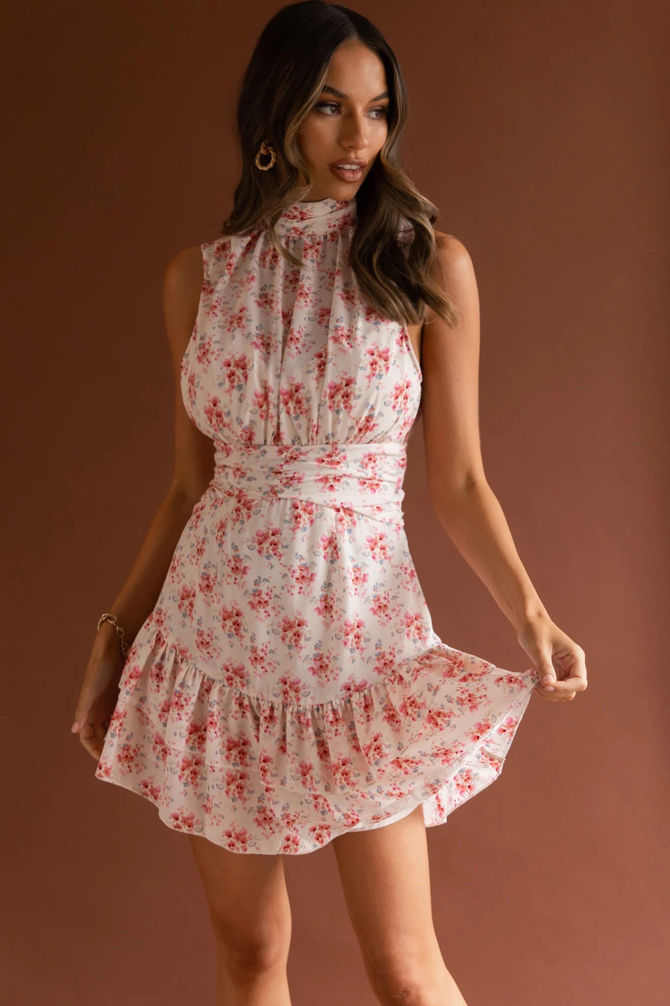 Mandalay High Neck Sleeveless Waistband Dress Vintage Floral Pink