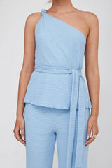 Austin City One-Shoulder Waist Tie Top Blue