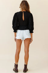 Festival Lights Puff Sleeve Textured Trim Detail Top Black