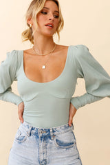 Moneymaker Lantern Sleeve Open Back Bodysuit Sage
