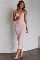 Frieda Cowl Neck Side Split Ribbed Midi Dress Blush