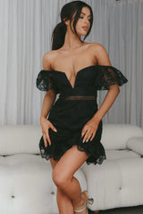 Remi Frill Shoulder Embroidered Dress Black