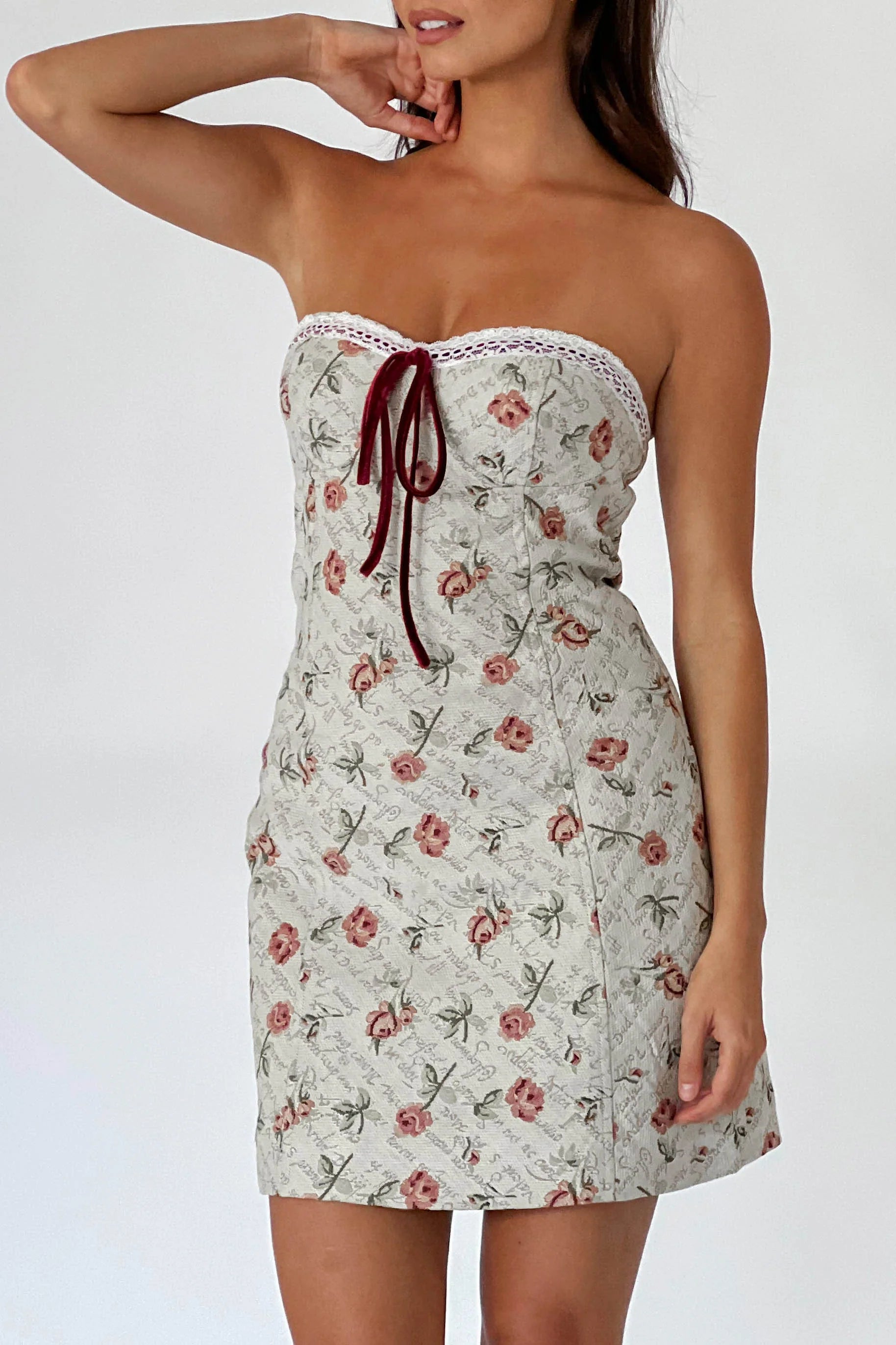 C'est Belle Strapless Lace Trim Mini Dress Beige Floral
