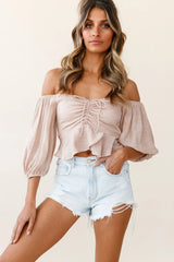 Avaline Balloon Sleeve Ruched Bust Bardot Top Beige