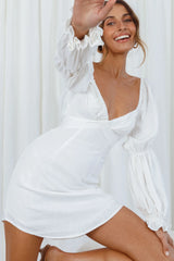 Corina Pleated Bust Long Sleeve V-Back Dress White