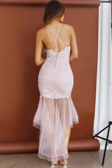 Mon Amour Lace Detail Tulle Mesh Hem Dress Blush