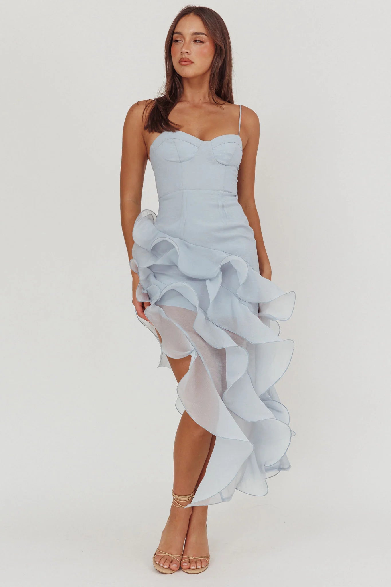 Charmayne Asymmetric Ruffle Trim Maxi Dress Blue
