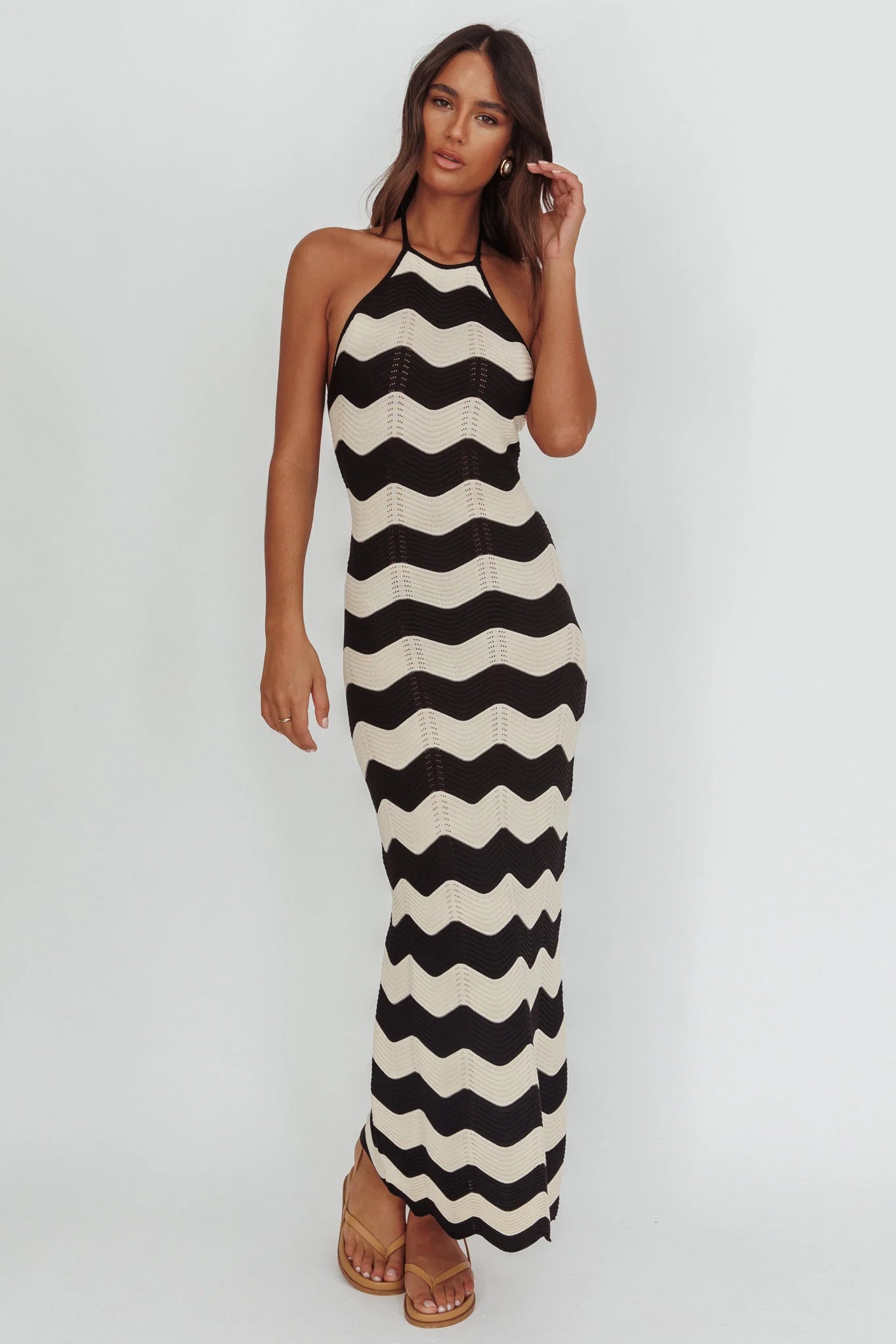 Yelena Halter Neck Knit  Maxi Dress Zig-Zag Cream