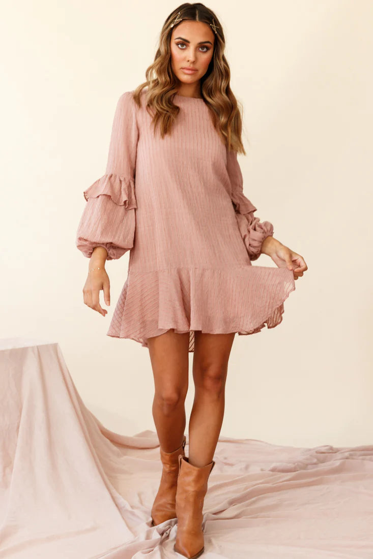 Cate Crew Neckline Balloon Sleeve Frill Dress Rose