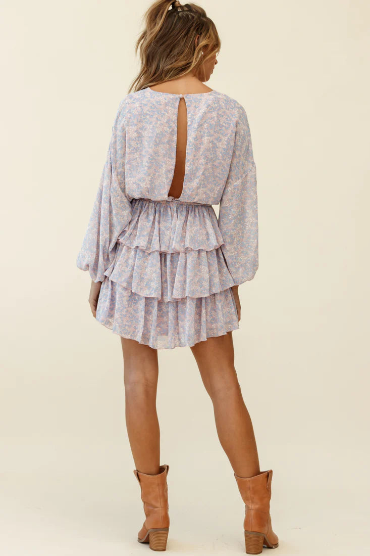 Odessa Long Sleeve Layered Ruffle Dress Flower Pattern Pink