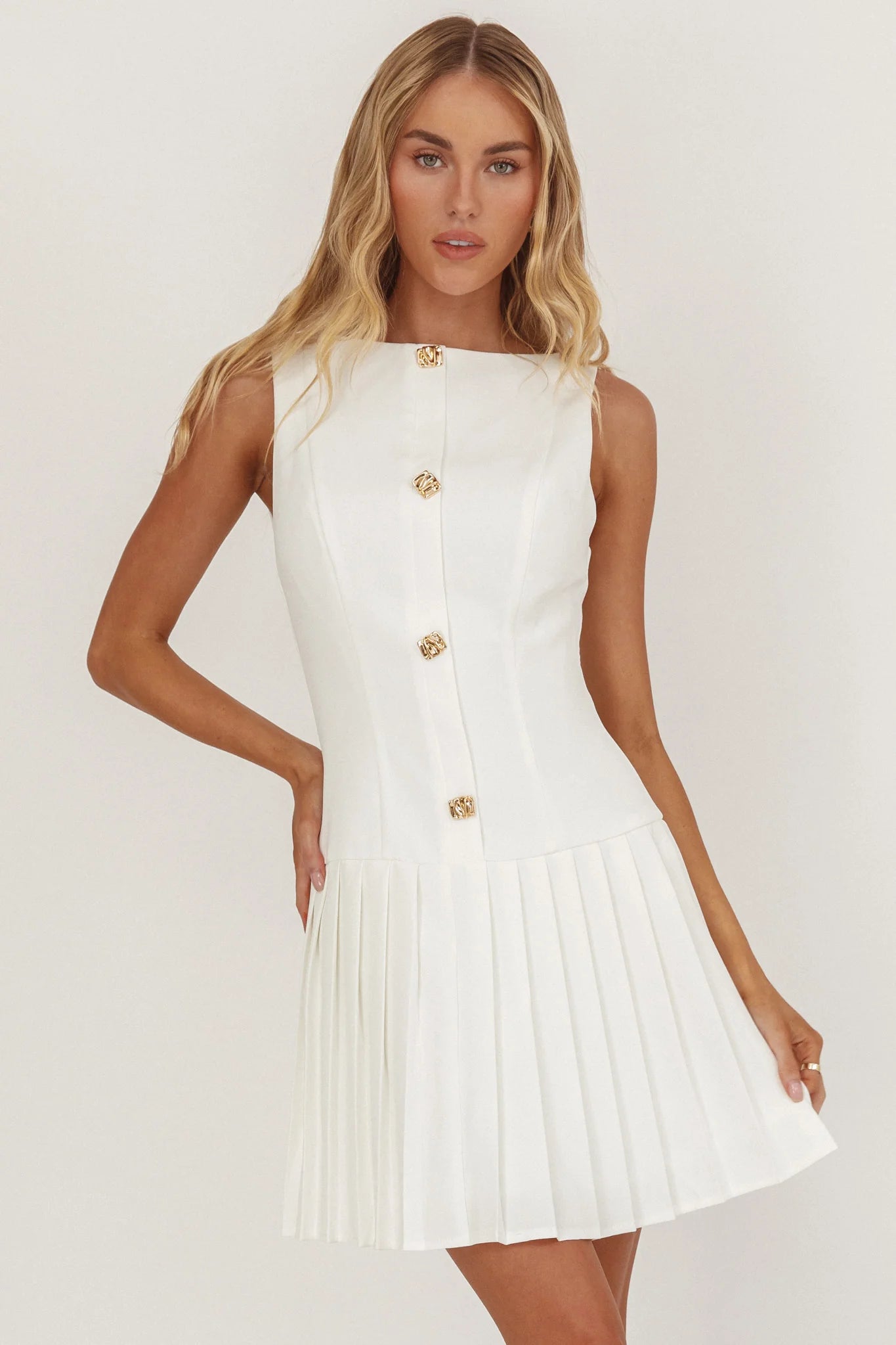 Opulent Pleat Skirt Button Mini Dress White