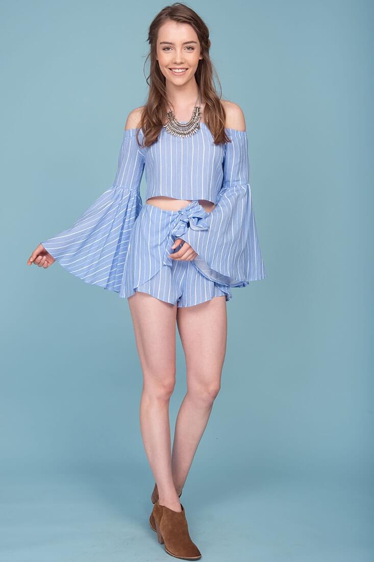 Blaine Bell Sleeve Off The Shoulder Pinstripe Top Blue