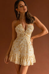 Date Night Drawstring Bust Mini Dress Floral Yellow