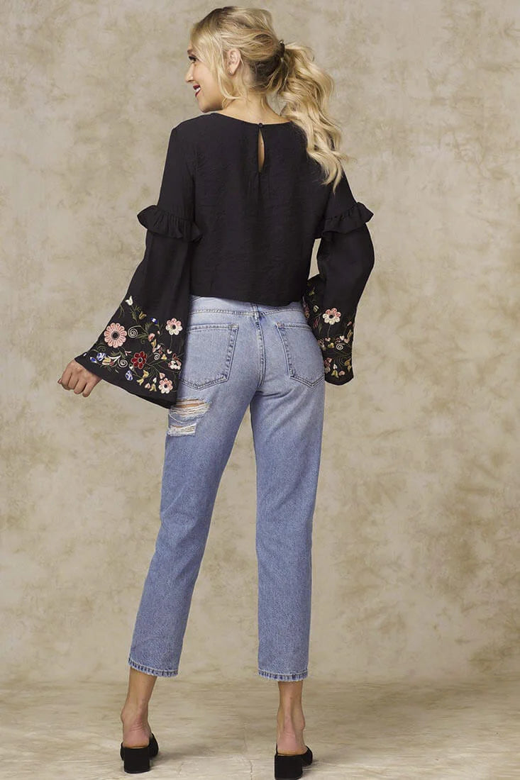 Normani Floral Bell Sleeved Crop Top Black