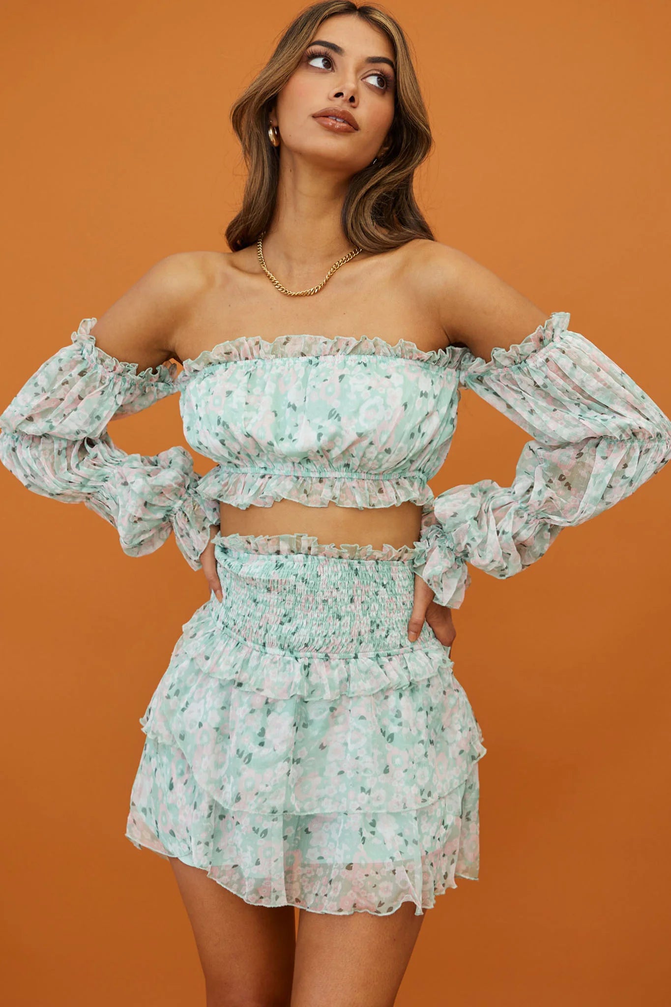 Hearts Beat Off-Shoulder Long Puff Sleeve Crop Top Floral Print Mint
