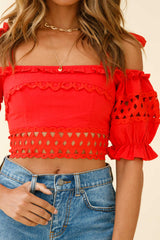 Danella Puff Sleeve Tied Shoulder Crop Top Red