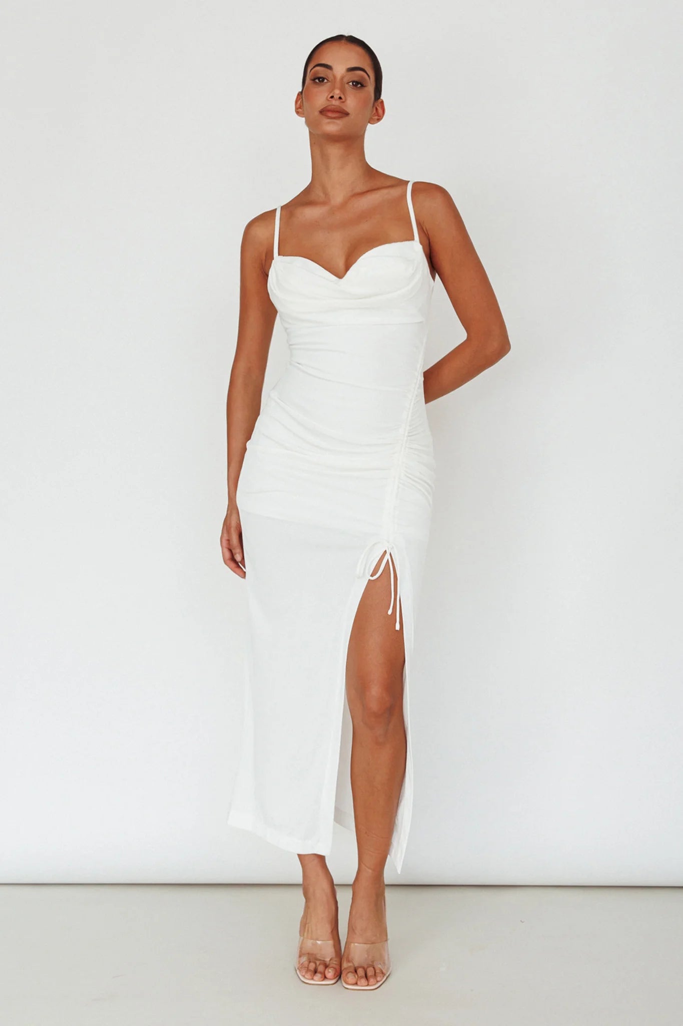 Samba Night Drawstring Ruched Midi Dress White