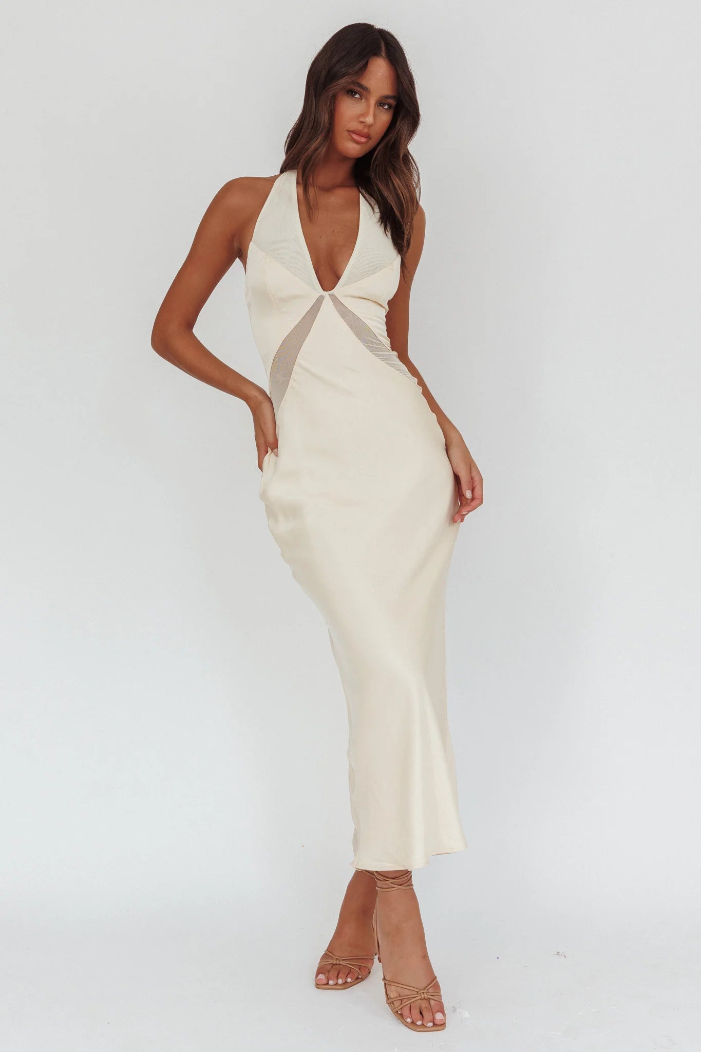 Kasi Sheer Panel Halter Maxi Dress Butter