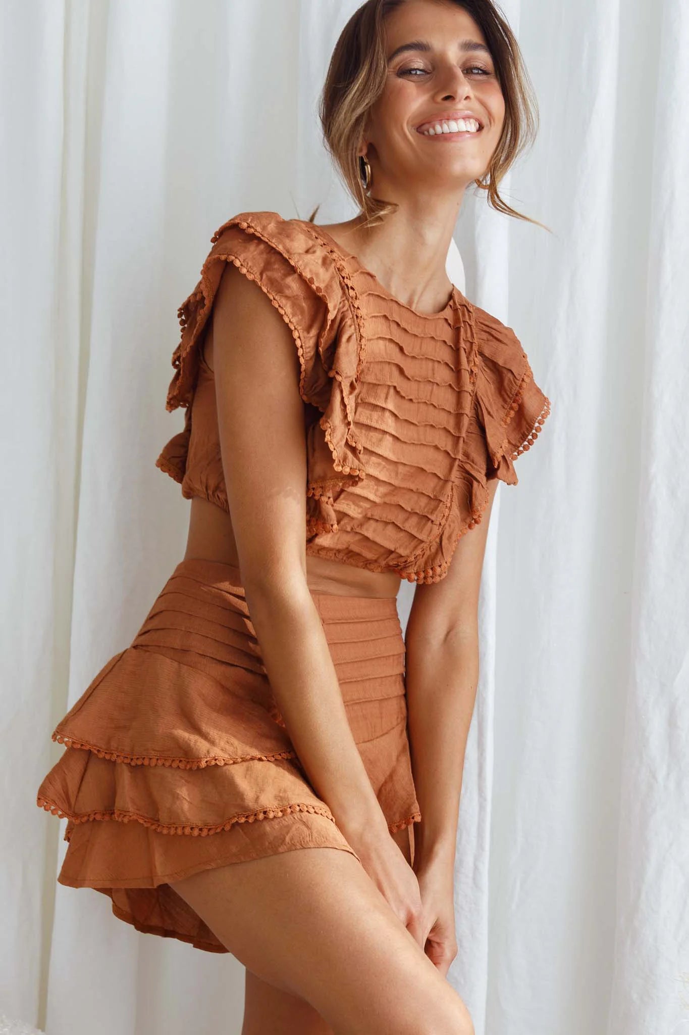 Wild And Free Pintuck Pleat And Ruffle Crop Top Tan