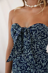 Lucky Tie-Knot Bust Ruffle Hem Mini Dress Leaf Print Navy