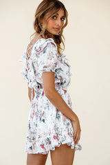 Finders Keepers Ruffle Trim Lace-Up Back Dress Floral Print White