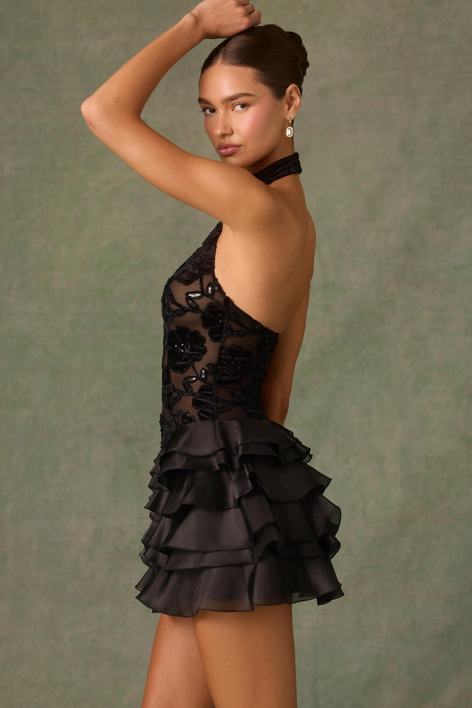 Embellished Ruffled Halterneck Mini Dress in Black