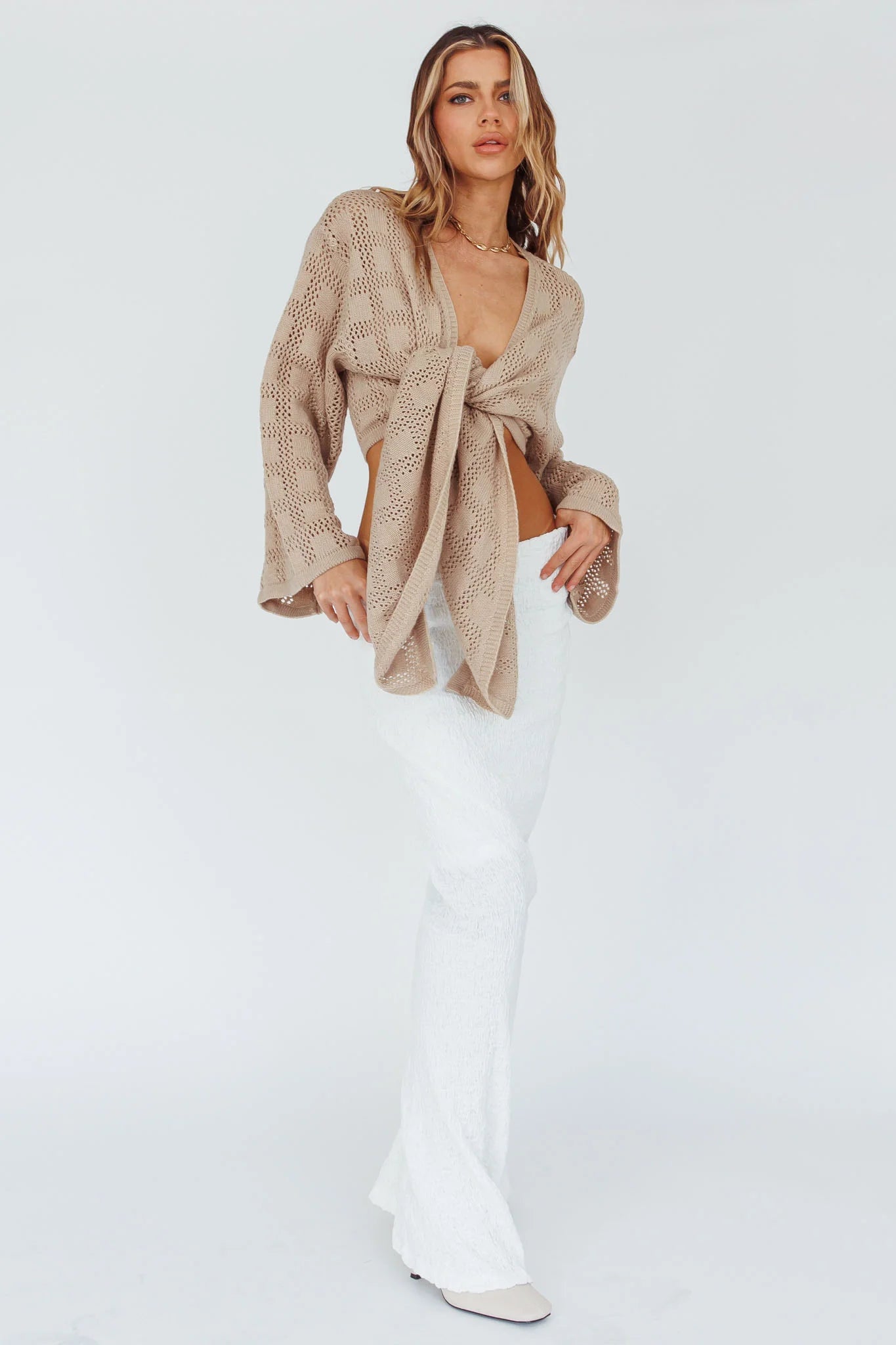 Rivera Deep-V Waist-Tie Top Crochet Sand