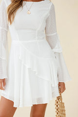Carlini Flared Sleeve Boat Neckline Dress White