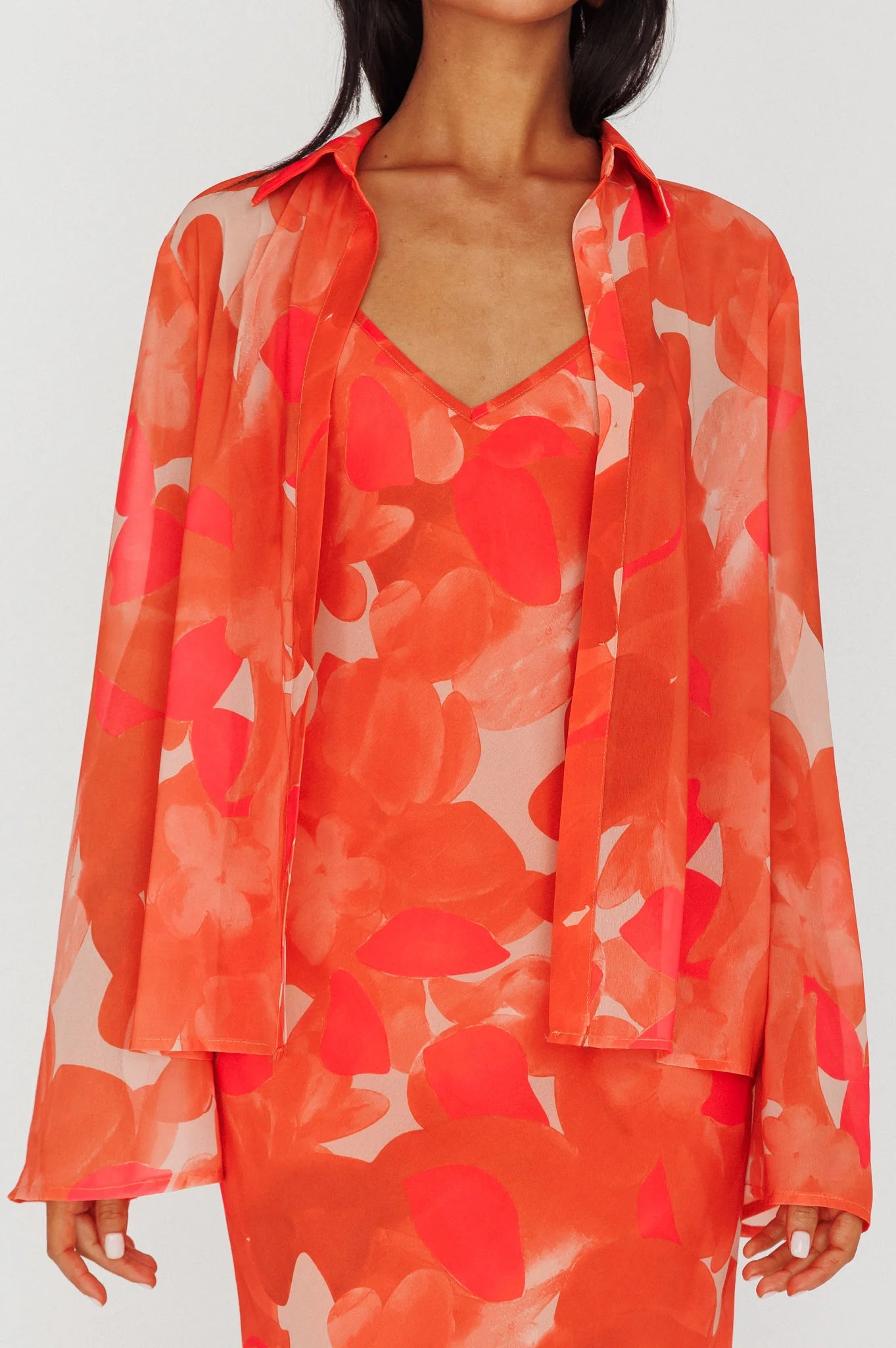 Stasi Flared Cuff Long Sleeve Shirt Floral Orange
