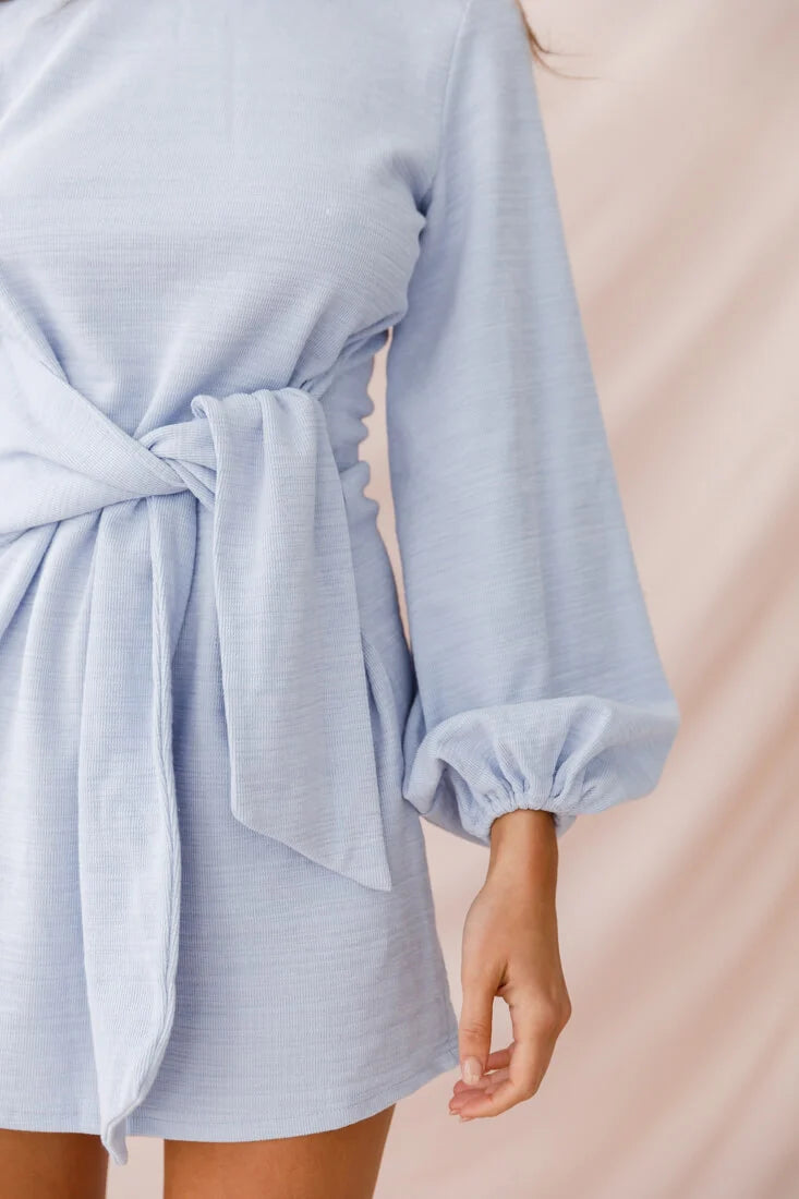 Rapt Waist Tie Bishop Sleeve Knit Dress Steel Blue