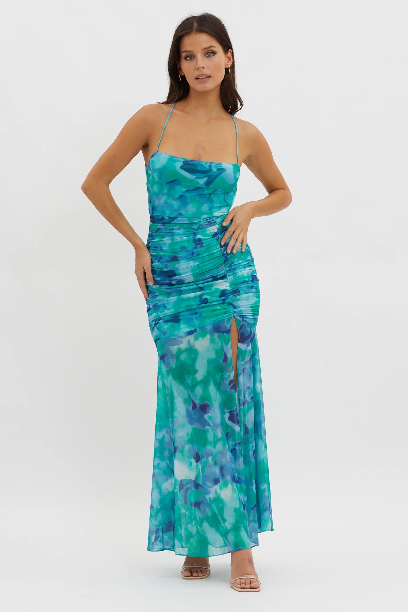 Apryl Ruched Lace-Up Back Dress Green