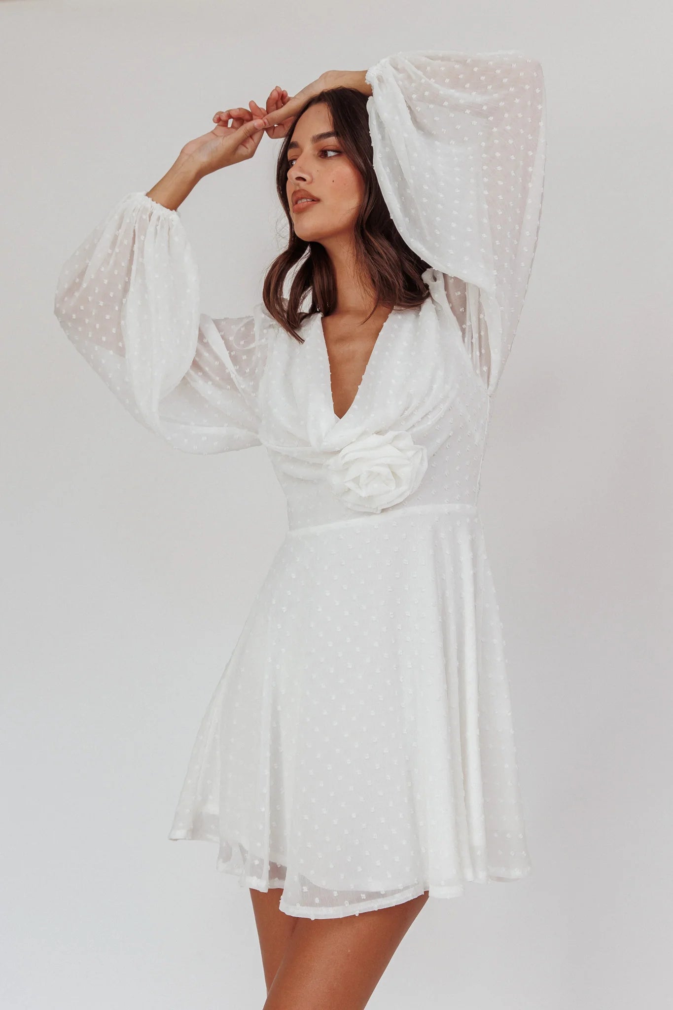 Open Heart Long Sleeve Rosette Mini Dress White