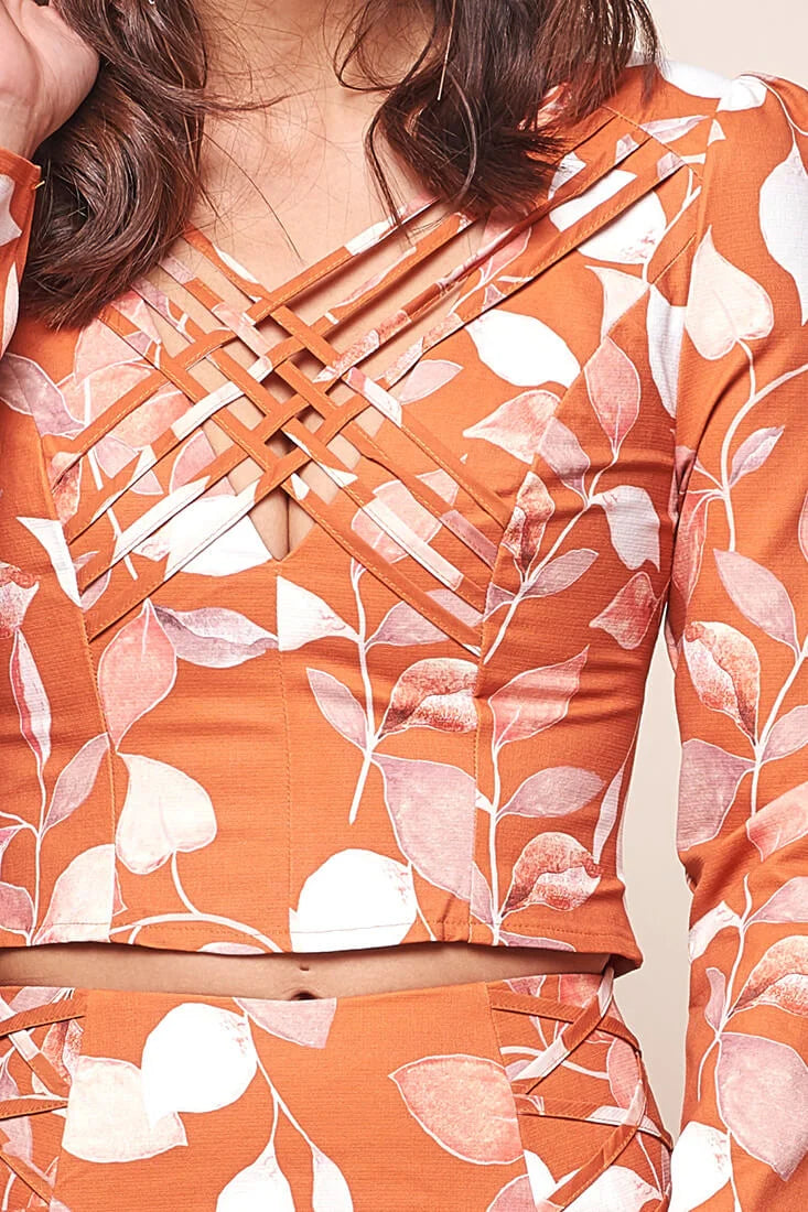 Andi Floral Print Cross Neck Top Orange