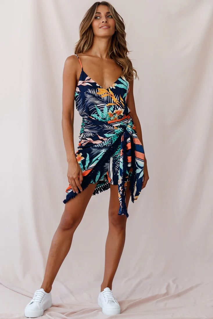 Mahalo Tassel Detail Tropical Romper Navy