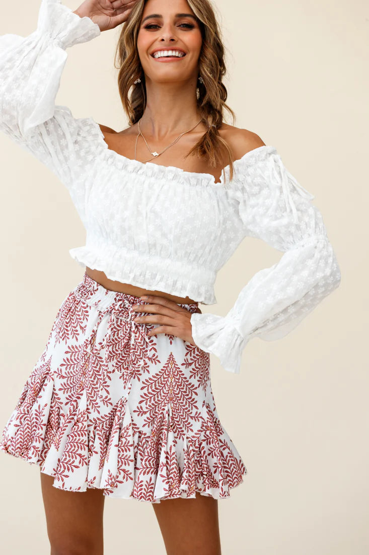 Robyn Flounce Mini Skirt Leaf Pattern White