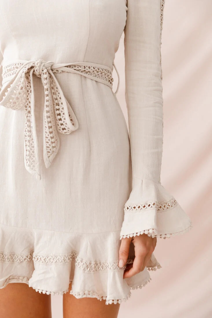 Aspley Flare Cuff Waist Tie Dress Beige