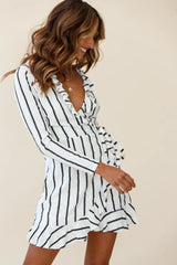 Beatrice Faux Wrap Ruffle Trim Raw Edge Dress White/Black Stripe