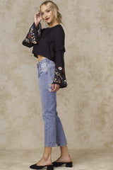 Normani Floral Bell Sleeved Crop Top Black