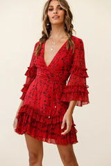 Erica Bell Sleeve Accordion Pleat Dress Floral Print Red