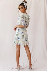 June Angel Sleeve Ruffle Detail Dress Floral Print Beige