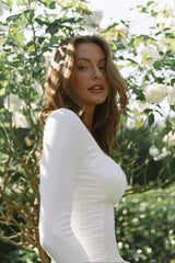 Bobbi Long Sleeve Ruched Side Ribbed Dress White