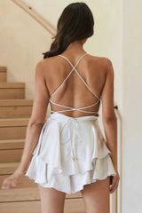 Mon Cherie Cowl Neckline Lace-Up Back Romper Champagne