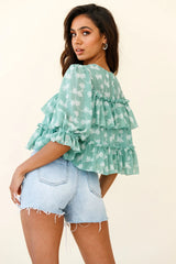 Float On By Layered Ruffle Crop Top Leaf Print Green