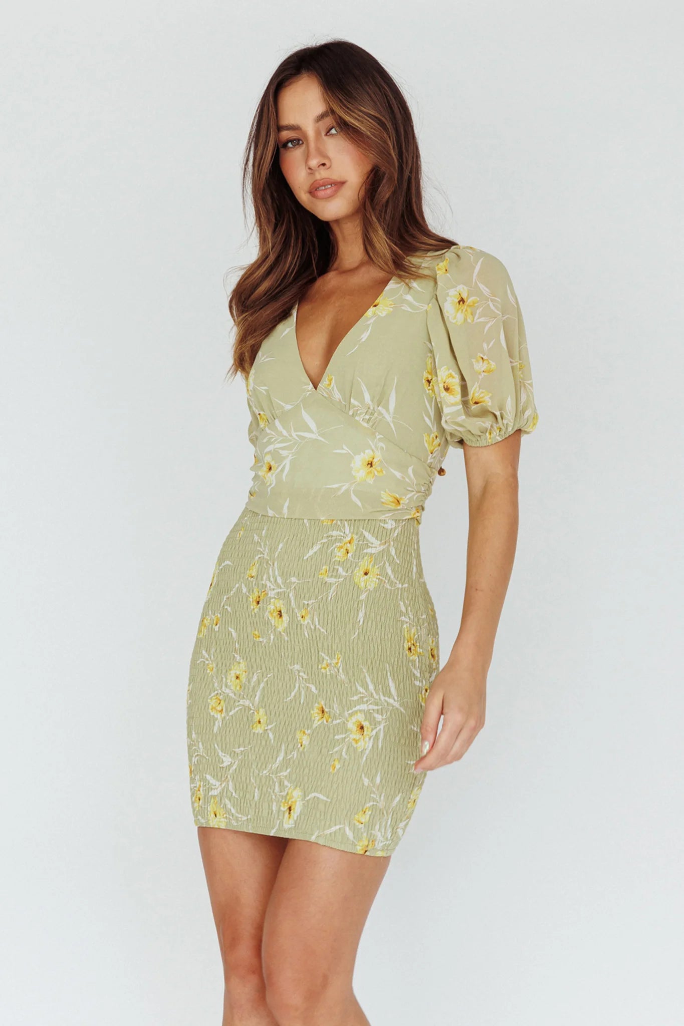 La Nena Shirred Mini Dress Floral Green