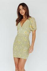 La Nena Shirred Mini Dress Floral Green
